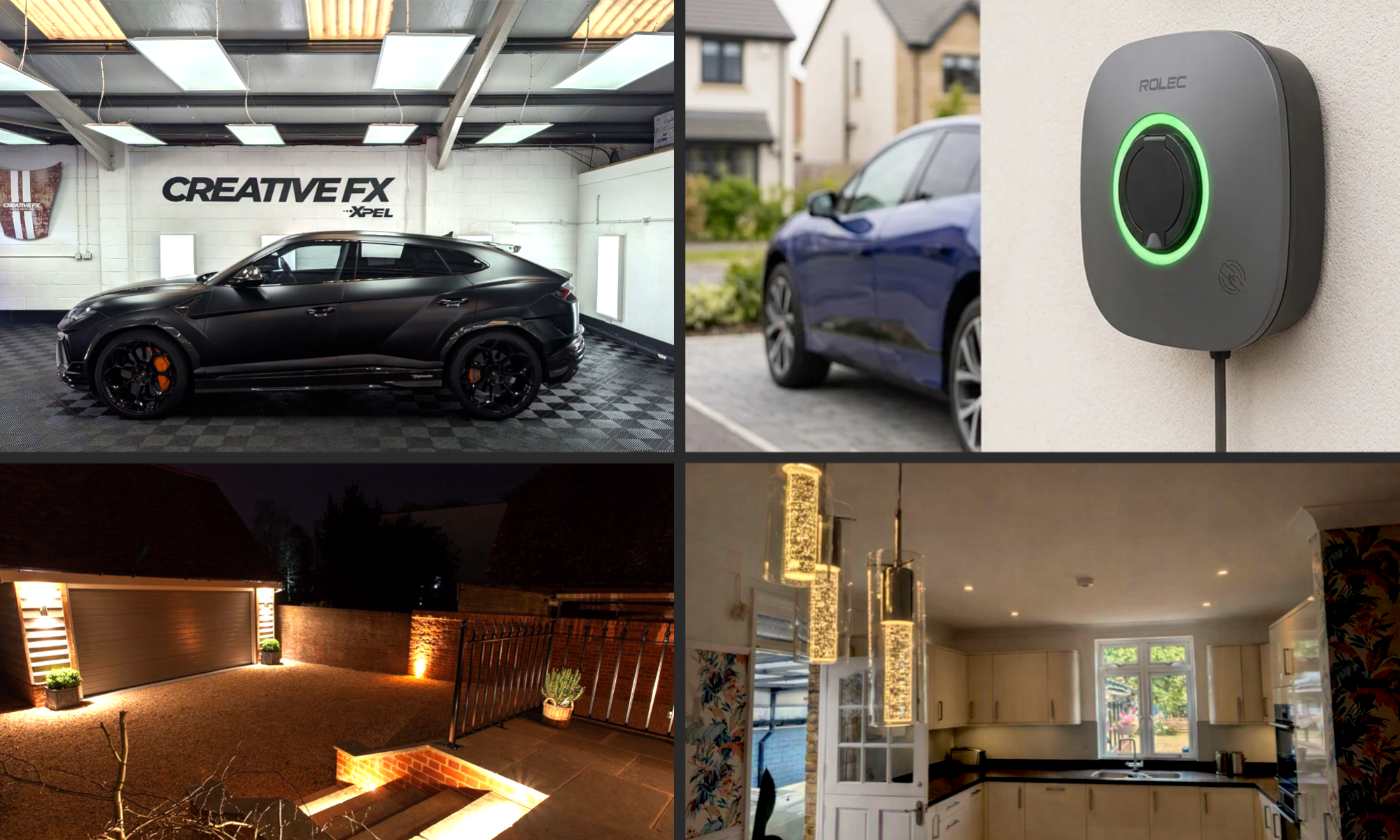 collage of 4 electrical install projects showing lighting and car charger